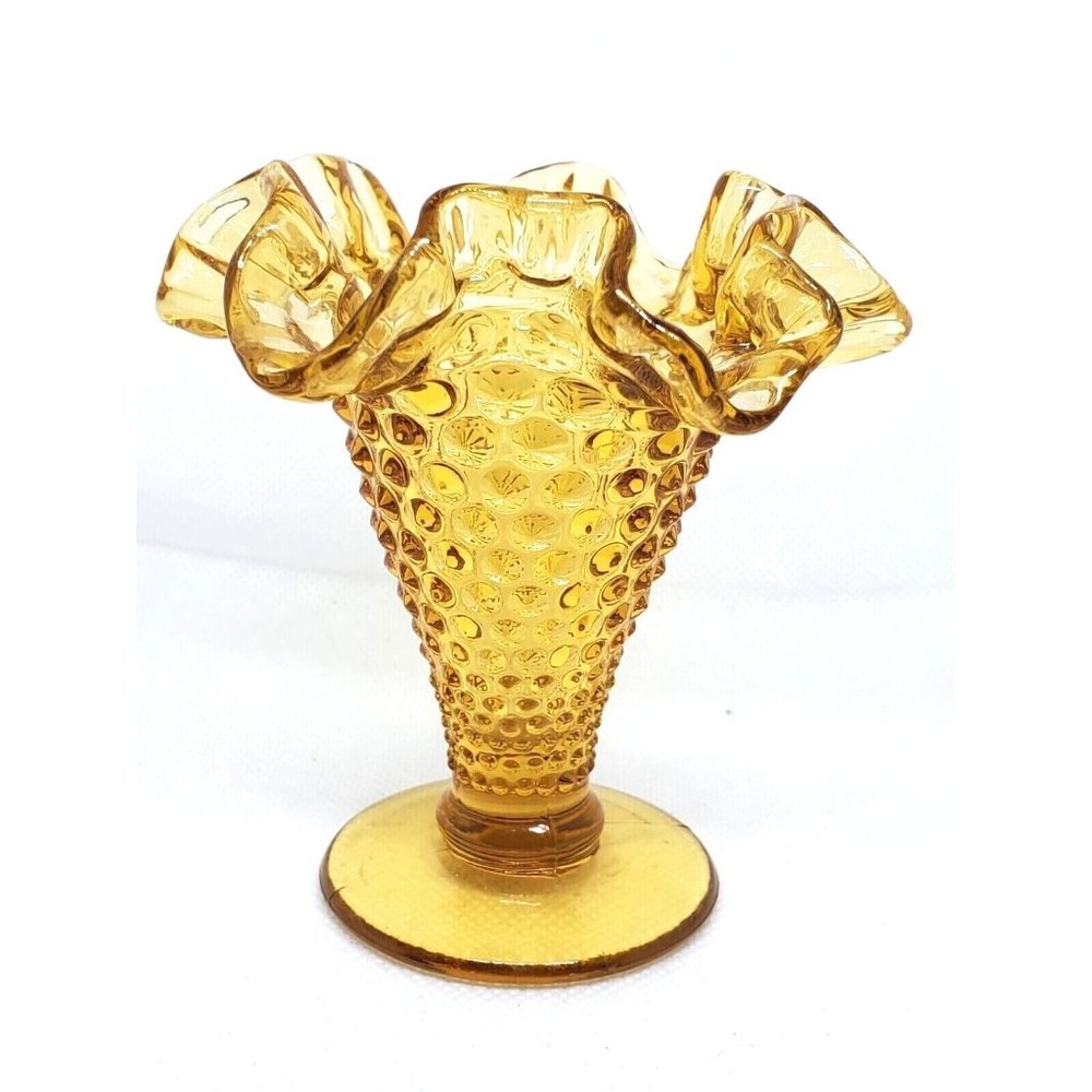 Rare Vintage Light Yellow Amber Hobnail Trumpet Ruffled Vase Home Decor